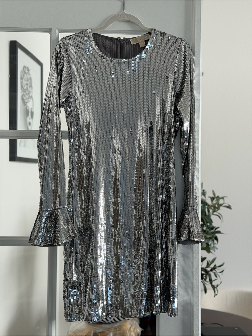 Michael Kors Silver Sequin Long-Sleeve Shift Dress